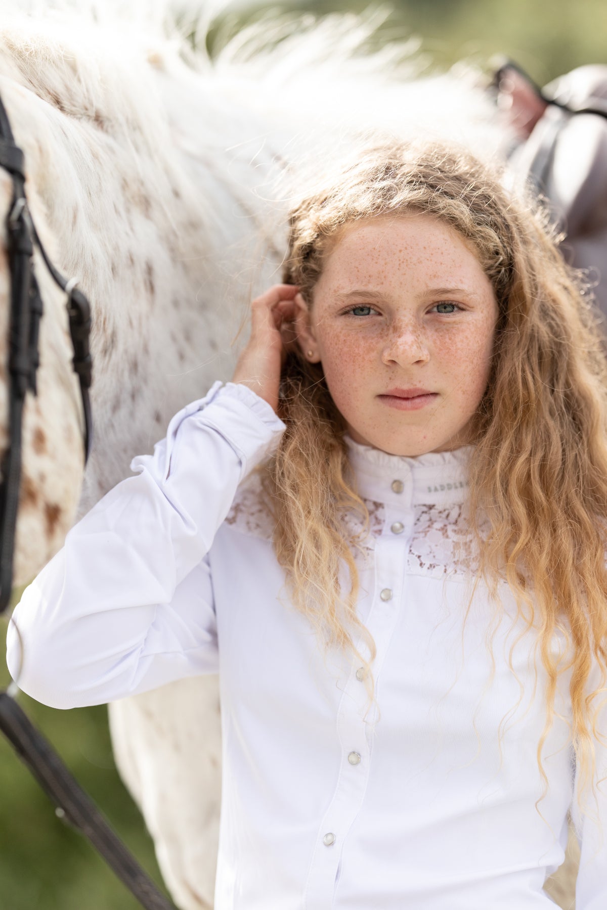 Saddle & Canter girls horse show shirt. Equestrian clothing for kids